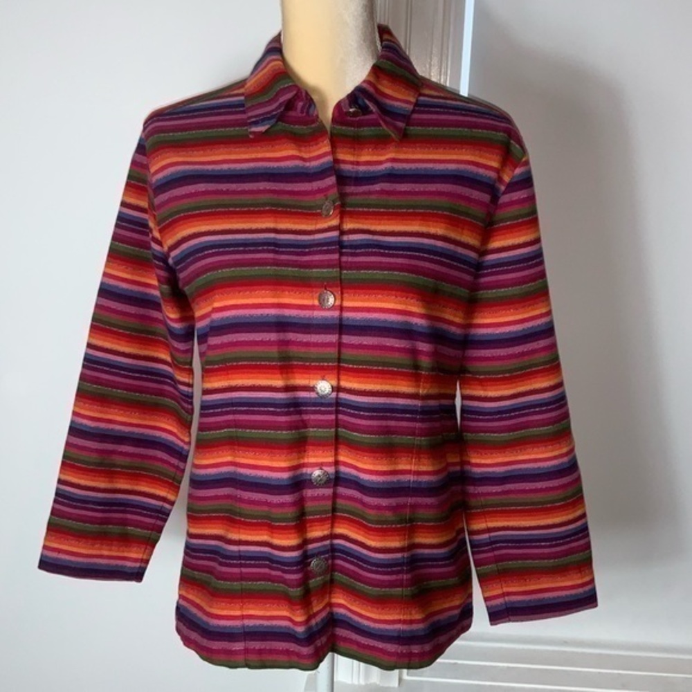 Vintage Chico’s Design Striped Boho/Western Striped Button Down Blouse Size 0